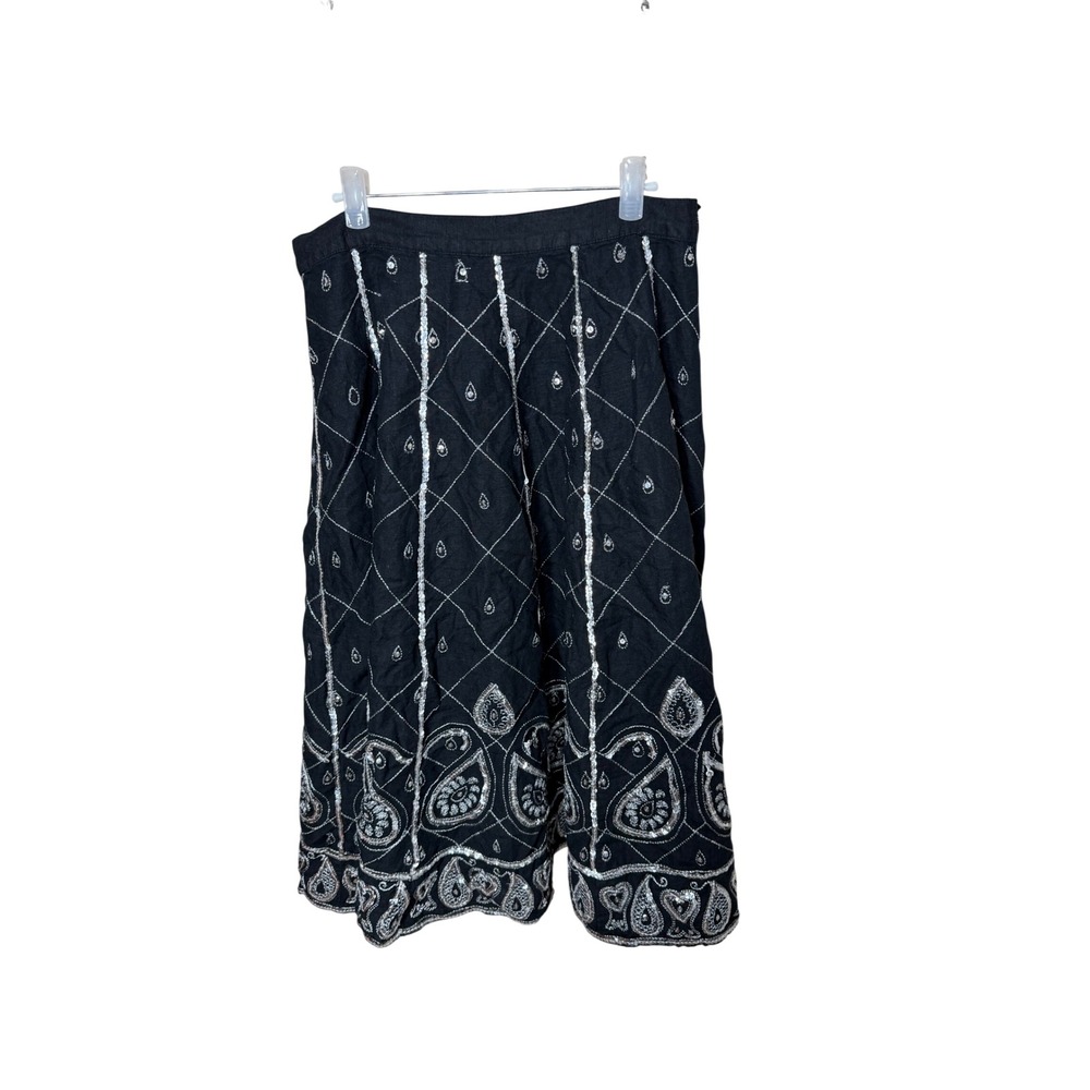 WD-NY Womens Black Linen Blend Sequin Paisley Embroidered Midi Skirt Size 8